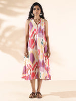 Thumbnail for trueBrowns Pink Cotton Ikat Sleeveless Dress - Distacart