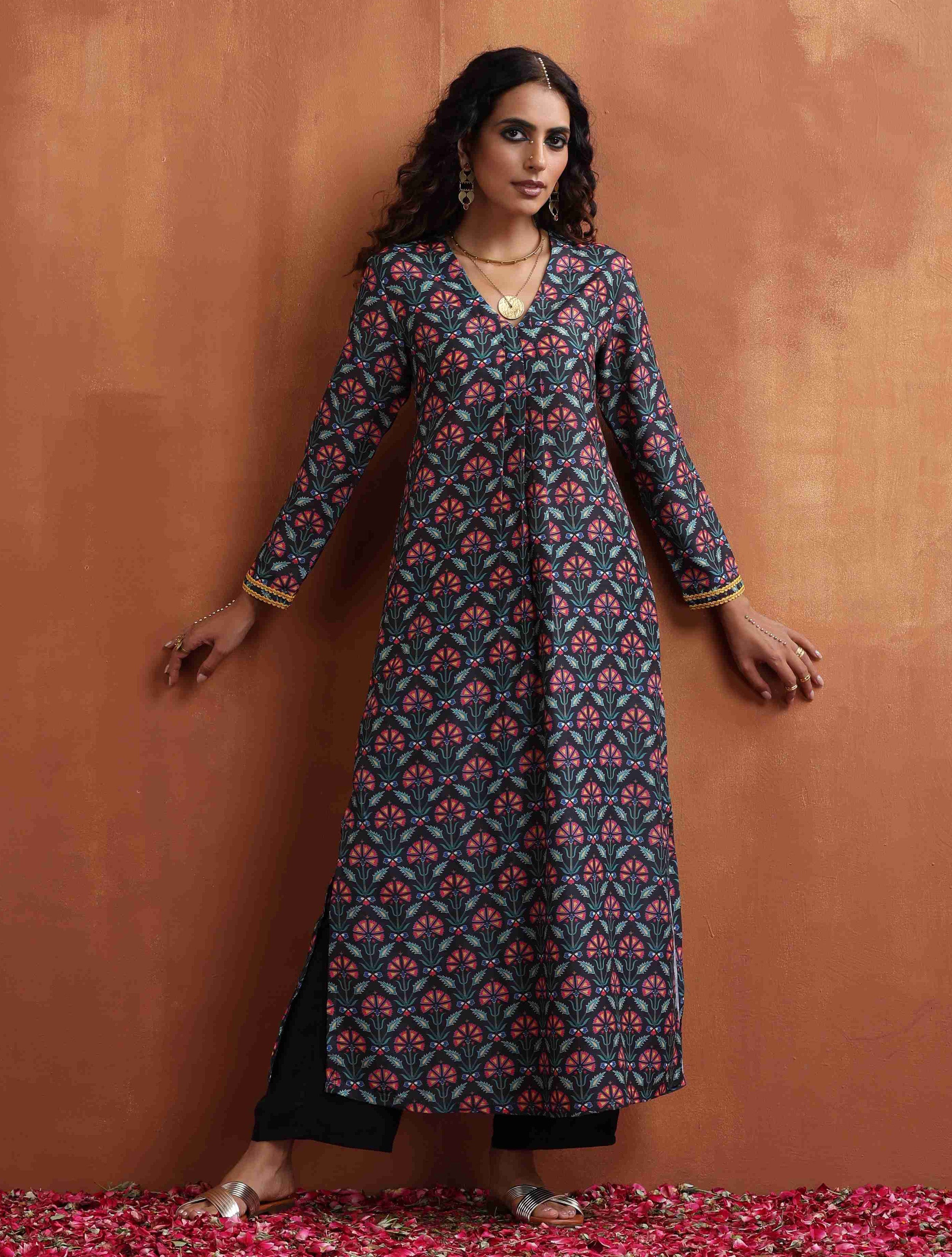 trueBrowns Black Floral Print A-line Kurta Set - Distacart
