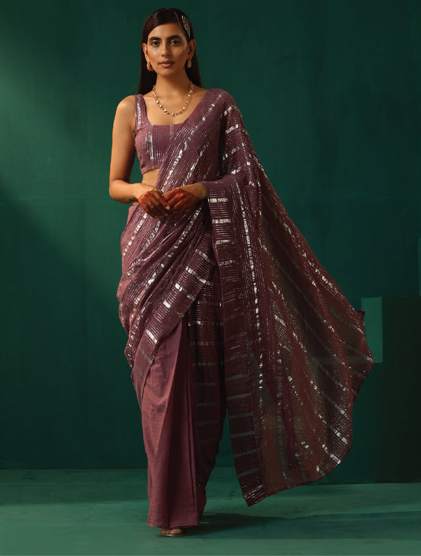 trueBrowns Mauve Cotton Silver Lurex Striped Ready to Wear Saree - Distacart