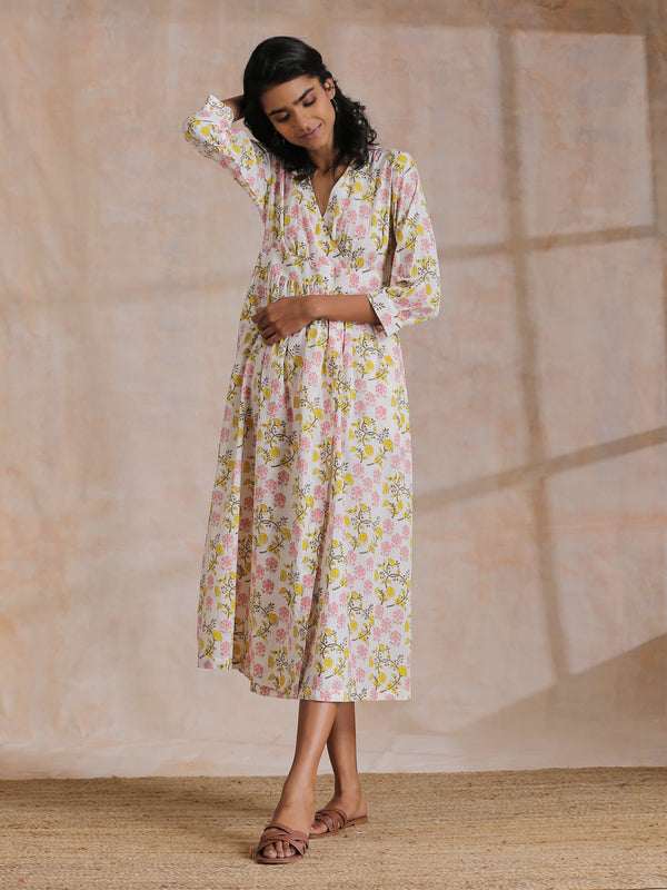 trueBrowns Pink Yellow Floral On White Block Print Cotton Wrap Dress | Relove - Distacart