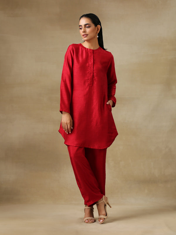 trueBrowns Maroon Textured Silk Front Placket Co-Ord Set - Distacart
