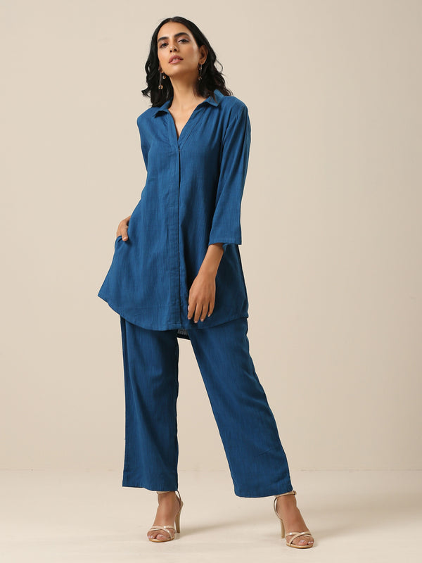 trueBrowns Classic Blue Slub Texture Collar Short Co-Ord Set - Distacart