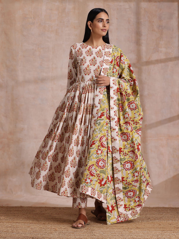 trueBrowns White With Red Yellow Buta Block Print Cotton Kurta Pant Dupatta Set - Distacart