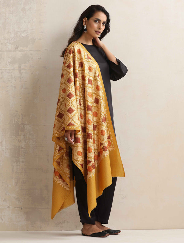 trueBrowns Mustard Embroidered Woollen Stole - Distacart