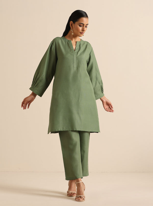 trueBrowns Olive Green Slub Relaxed Placket Co-Ord Set - Distacart