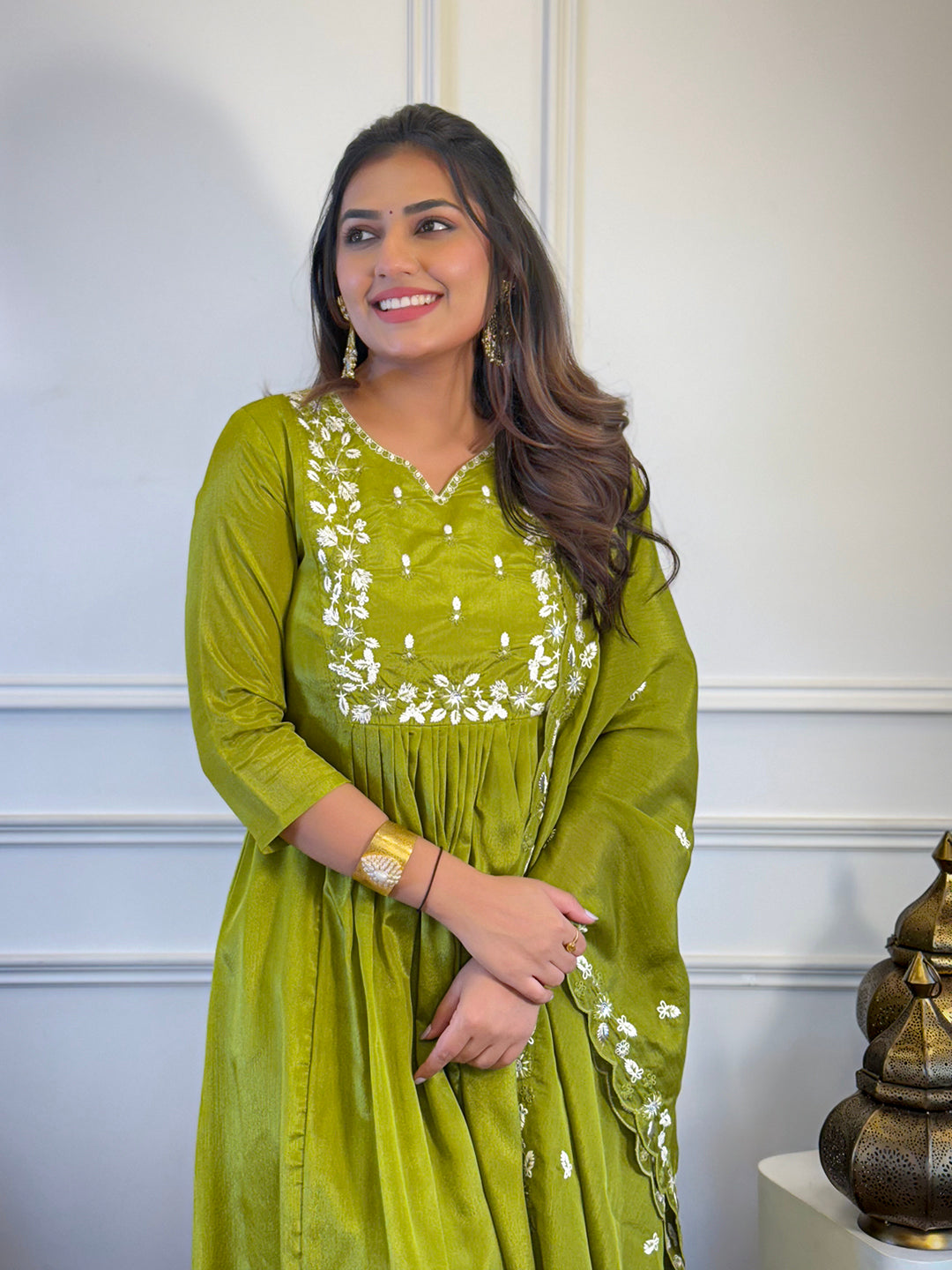 The52 Women's Gorgeous Chinon Embroidery Straight Kurta with Pant And Dupatta Set