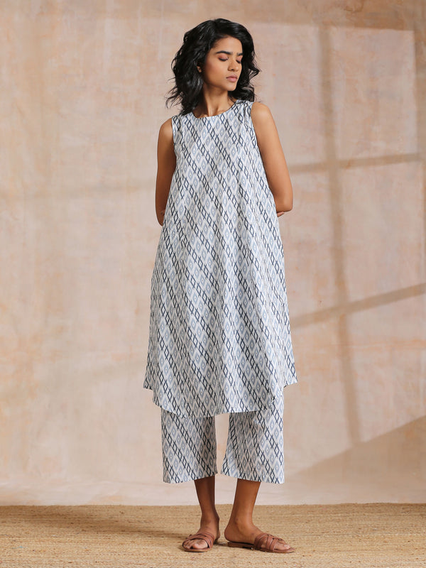 trueBrowns Multi Grey On Grey Ikat Print Cotton High-Low Co-Ord Set - Distacart