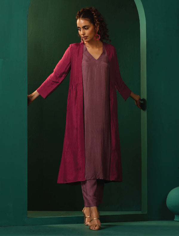 trueBrowns Maroon Light Mauve Silk Jacket Kurta Set - Distacart