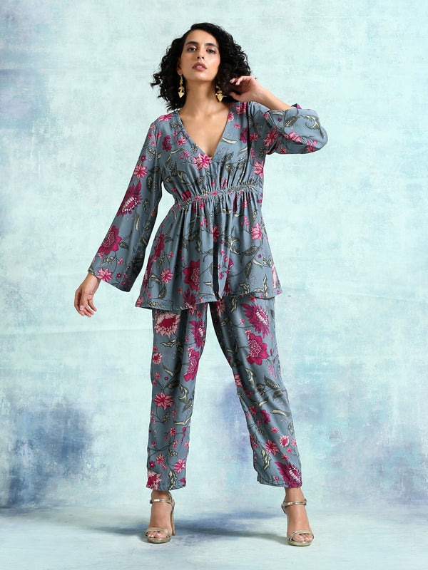 trueBrowns Grey Printed Velvet Co-Ord Set - Distacart