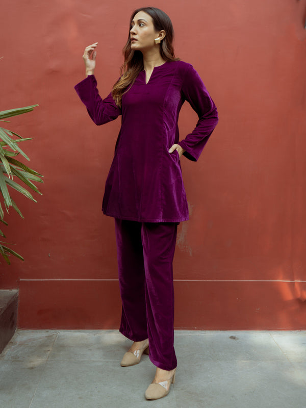 trueBrowns Wine Solid Velvet Co-Ord Set - Distacart