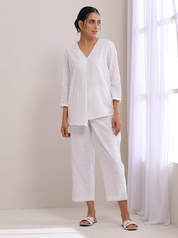 trueBrowns White Dobby Short Asymmetric Co-Ord Set - Distacart