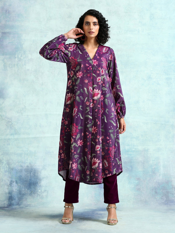 trueBrowns Wine Printed Velvet Neck Pleat Kurta - Distacart