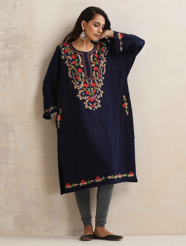 trueBrowns Blue Kashmiri Embroidered Woollen Phiran Kurta - Distacart