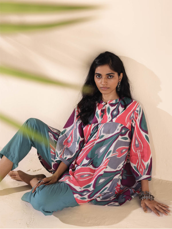 trueBrowns Green Cotton Ikat Flared Co-ord Set - Distacart