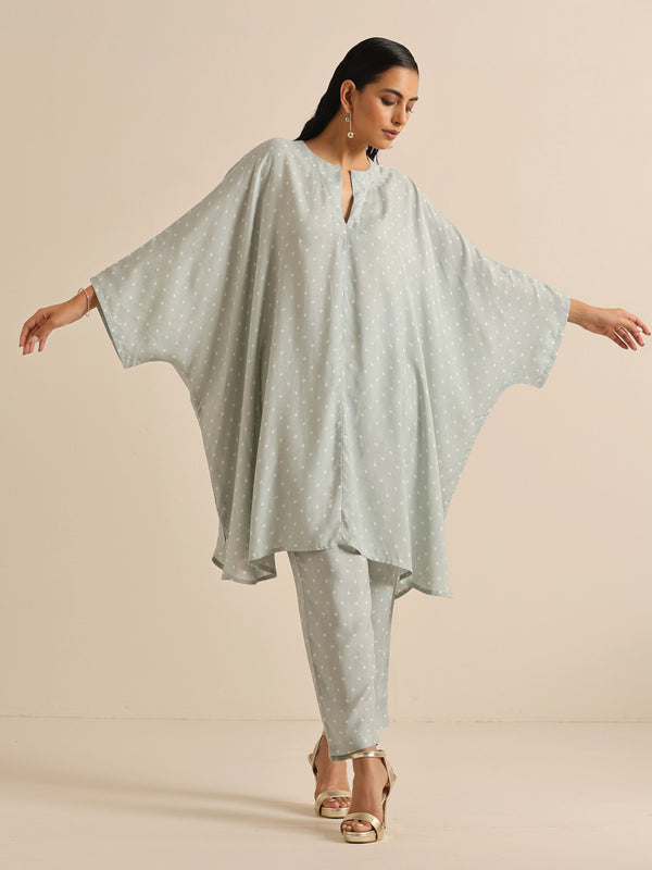 trueBrowns Grey Bandhani Printed Silk Kaftan Co-Ord Set - Distacart