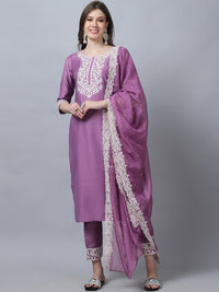 Thumbnail for Indian Fashion Women Pink Embroidery silk Kurta, Pant And Dupatta Set