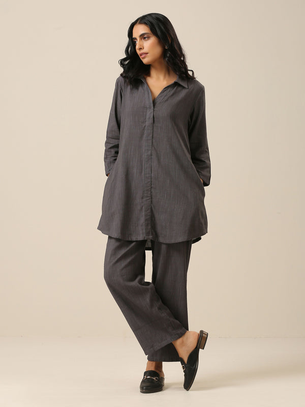 trueBrowns Slate Grey Slub Texture Collar Short Co-Ord Set - Distacart