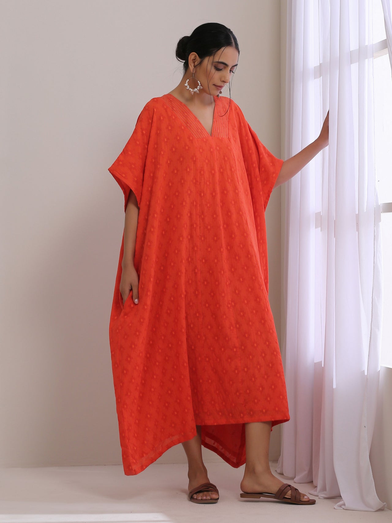 trueBrowns Orange Dobby Panel Kaftan Dress - Distacart