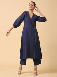 Thumbnail for trueBrowns Cotton Linen Dark Blue Kurta Pant Set - Distacart