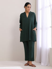 Thumbnail for trueBrowns Dark Green Dobby Relaxed Fit Co-Ord Set - Distacart