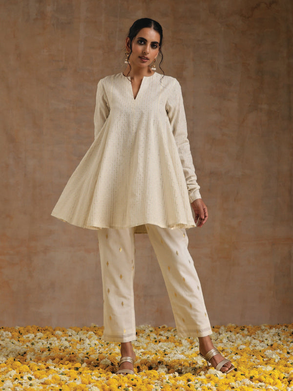 trueBrowns Ivory Gold Cotton Flared Co-Ord Set - Distacart