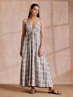 Thumbnail for trueBrowns Grey Dabu Buta Print Cotton Sleeveless Dress - Distacart