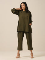 Thumbnail for trueBrowns Olive Green Slub Texture Baggy Sleeve Co-Ord Set - Distacart