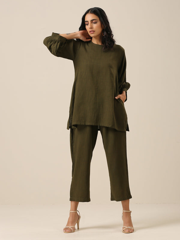 trueBrowns Olive Green Slub Texture Baggy Sleeve Co-Ord Set - Distacart