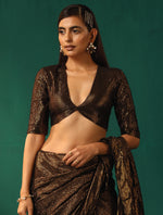 Thumbnail for trueBrowns Black Cotton Gold Lurex Deep V-Neck Blouse - Distacart