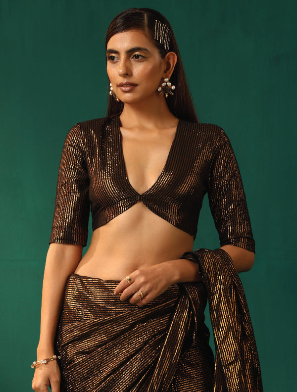 trueBrowns Black Cotton Gold Lurex Deep V-Neck Blouse - Distacart