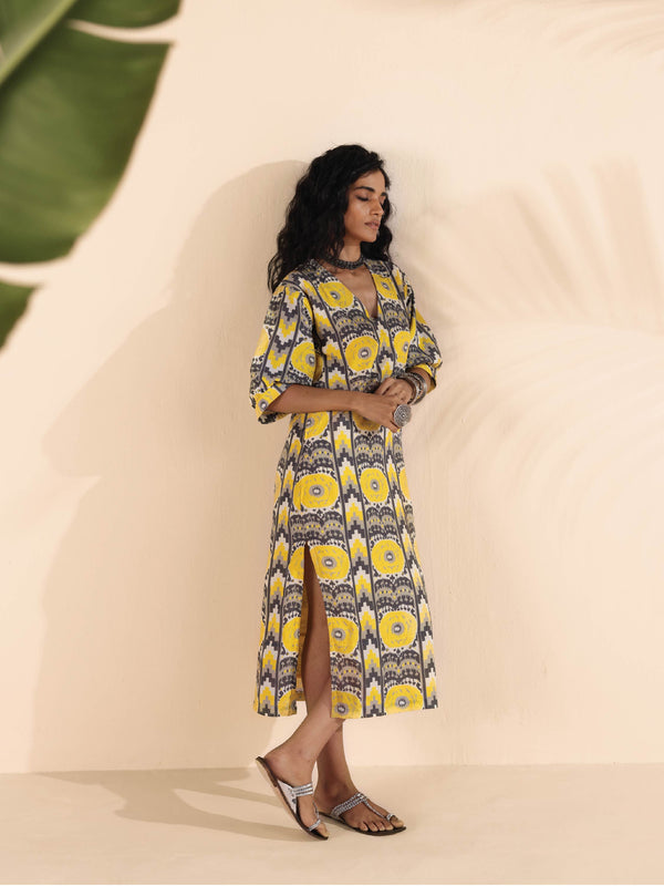 trueBrowns Yellow Cotton Ikat Slit Dress - Distacart