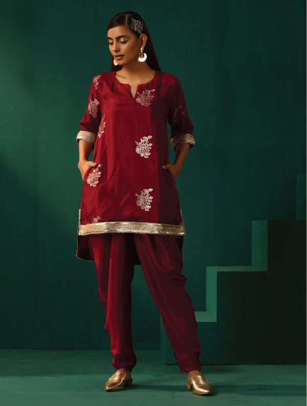 trueBrowns Maroon Floral Viscose Silk High Low Co-ord Set - Distacart