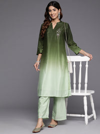 Thumbnail for Varanga Women Mandarin Collar Placement Embroidered Kurta Paired With Tonal Bottom
