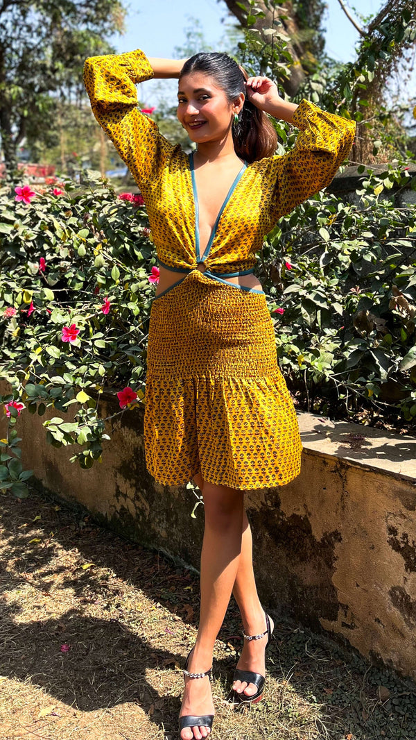 Noroke Yellow silk cut out short dress - Distacart