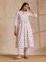 Thumbnail for trueBrowns White With Pink Blue Buta Block Print Cotton Kurta Pant Set - Distacart