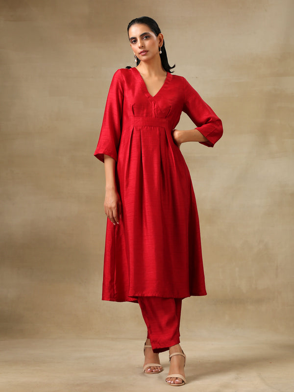 trueBrowns Maroon Textured Silk Overlap Pleat Kurta Pant Set - Distacart