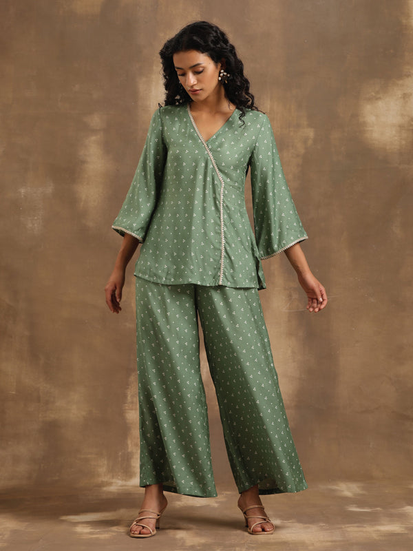 trueBrowns Light Green Bandhani Printed Silk Co-Ord Set - Distacart