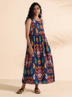 Thumbnail for trueBrowns Purple Cotton Ikat Flared Dress - Distacart