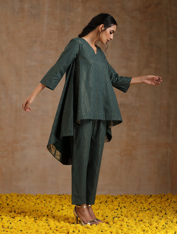 trueBrowns Dark Green Gold Cotton High-Low Co-Ord Set - Distacart