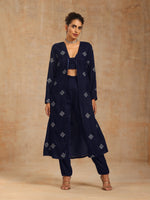 Thumbnail for trueBrowns Midnight Blue Velvet Embroidered Jacket Set - Distacart