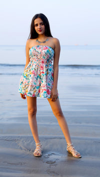Thumbnail for Noroke Linen Blue Floral Mini Tiered Dress - Printed