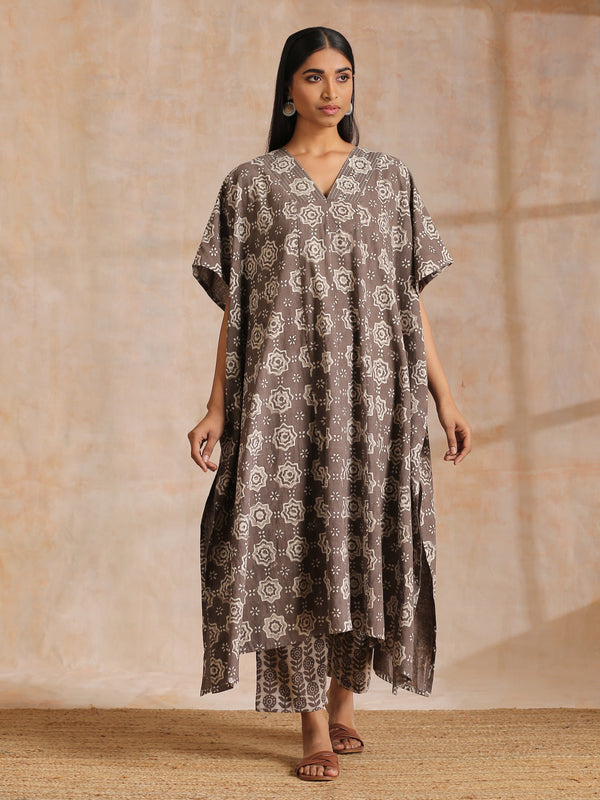 trueBrowns Clay Dabu Overall Print Cotton Panel Kaftan Kurta Pant Set - Distacart