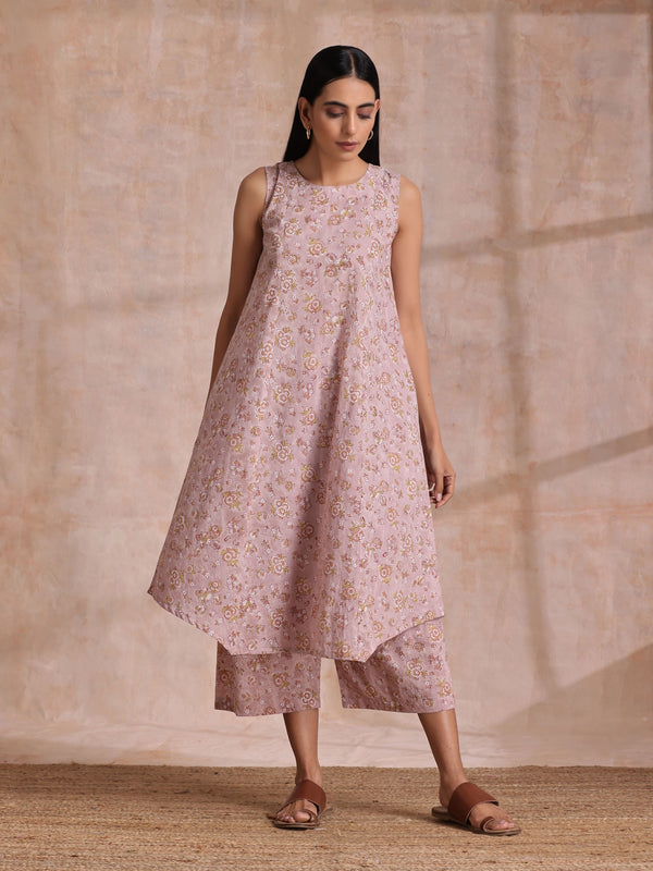 trueBrowns Grey Overall Floral Block Print Cotton High-Low Co-Ord Set - Distacart