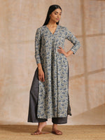 Thumbnail for trueBrowns Blue Grey Overall Floral Block On White Print Cotton Kurta Pant Set - Distacart