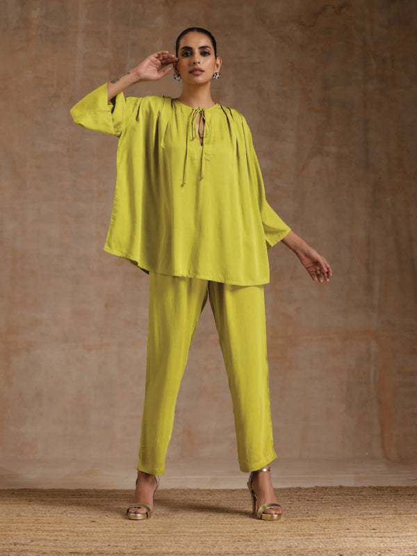 trueBrowns Lime Modal Satin Shoulder Pleat Co-Ord Set - Distacart
