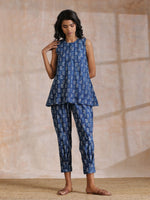 Thumbnail for trueBrowns Indigo Dabu Zig-Zag Motifs Print Cotton Sleeveless Co-Ord Set - Distacart