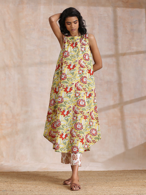 trueBrowns Yellow Overall Floral Block Print Cotton Sleeveless Kurta Pant Set - Distacart