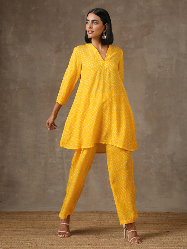 trueBrowns Yellow Bandhani Flare Printed Silk Co-Ord Set - Distacart