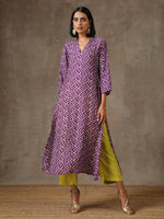 Thumbnail for trueBrowns Purple White Lehariya Printed Silk kurta Pant Set - Distacart