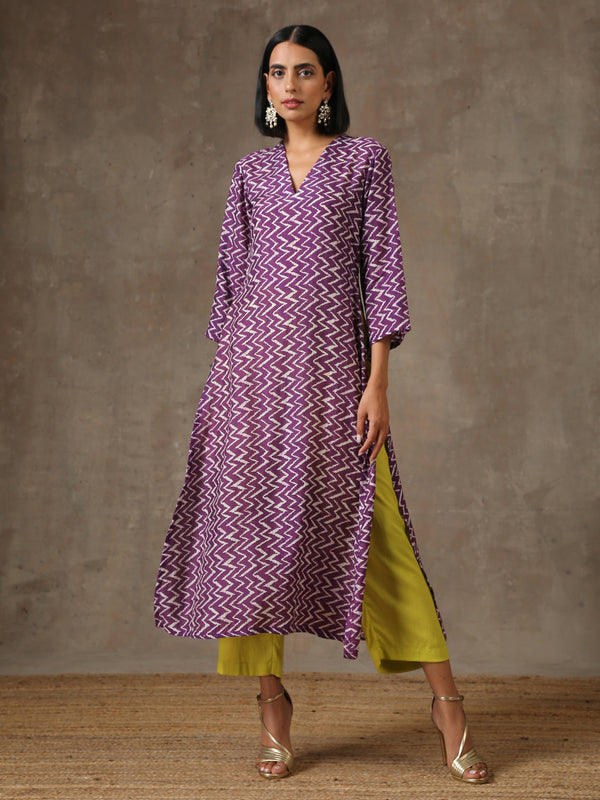 trueBrowns Purple White Lehariya Printed Silk kurta Pant Set - Distacart